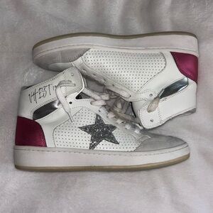 White and Pink High-Top Sneakers with Star Detail